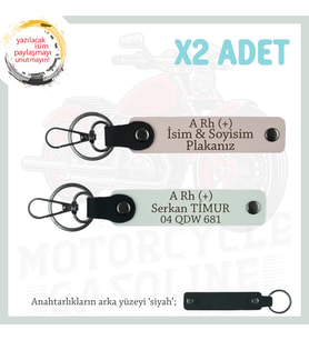 Motor Tutkunlarına Özel, İsim Plaka ve A Rh (+) Kan Grubu Yazılı Deri x2 Anahtarlık, Pudra-Beyaz-Syh