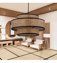 Otantik Trio Metal Kasalı Kahve Hasır Kaplama Rattan Salon Avize Üç Katlı Pasta Yatak Odası Sarkıt (Kahverengi)