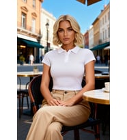 Kadın Bluz Polo Yaka Kısa Kol Fitted Kalıp Çizgili Desen Crop Boy Örme Kumaş Yarım Pat Düğmeli
