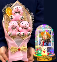 Kişiye Özel Renkli Led Işıklı Fanus ve Büyük Boy Pembe Ayıcık Buketi (Model 1)