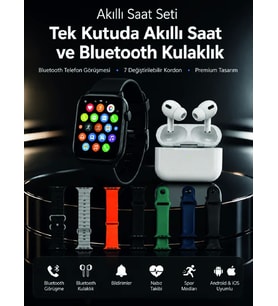 7 Kordonlu Akıllı Saat ve Bluetooth Kulaklık Seti Nabız Takibi, Bildirimler ve Spor Modları