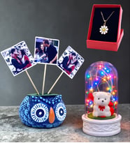 Renkli Işıklı Fanus, 3 Fotoğraflı Baykuş ve Tasarım Kolye Seti (Model 3)