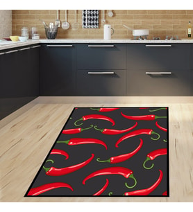 Sebze Biber Desenli Kitchen Dijital Baskılı Kaymaz Taban Yıkanabilir Leke Tutmaz Mutfak Halısı (Siyah-Kırmızı)