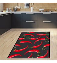 Sebze Biber Desenli Kitchen Dijital Baskılı Kaymaz Taban Yıkanabilir Leke Tutmaz Mutfak Halısı (Siyah-Kırmızı)