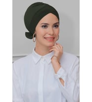 Haki Pratik Hazır Geçmeli Tesettür Bone Sandy Kumaş Fiyonklu Çift Taraflı Tek Çapraz 1833_09
