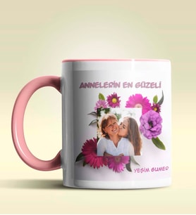 Kişiye Özel Çiçek Çerçeveli Fotoğraf Temalı Pembe Kupa Bardak (Pembe)