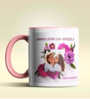 Kişiye Özel Çiçek Çerçeveli Fotoğraf Temalı Pembe Kupa Bardak (Pembe)