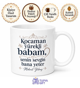 Kocaman Yürekli Baba Yazılı Kupa Bardak Babalar Günü Hediyesi Özel Tasarım