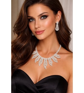 YAPRAK MOTİFLİ KRİSTAL TAŞLI ABİYE KOLYE VE KÜPE SETİ HEDİYELİK SET (Gümüş Gri)