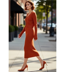 Kadın Bodycon Kesim Düz Triko Elbise Uzun Kollu V Yaka Midi Boy Sonbahar Kış Şıklığı Kaliteli