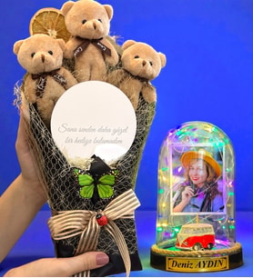 Sizlere Özel Renkli Led Işıklı Biblolu Fanus ve Aynalı Kahverengi Peluş Ayıcık Buketi (Model 2)