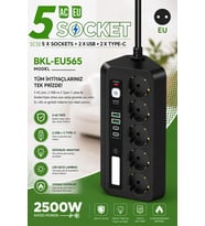 5’li Akım Korumalı Priz 2500W 2 USB + 2 Type-C Hızlı Şarj LED Gece Lambalı Dokunmatik Anahtarl
