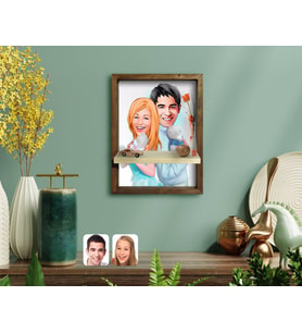 BK Gift Kişiye Özel Sevgililer Karikatürlü Doğal Masif Ahşap Çerçeveli Tablo Duvar Rafı-87
