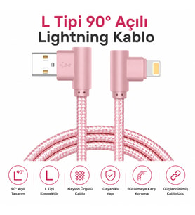 L Tipi 90° Açılı Lightning Şarj Kablosu iPhone Uyumlu Naylon Örgülü Dayanıklı Kablo