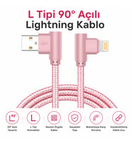 L Tipi 90° Açılı Lightning Şarj Kablosu iPhone Uyumlu Naylon Örgülü Dayanıklı Kablo