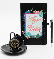 Kişiye Özel Ajanda Defter & Siyah Fincan & Roller Kalem Hediye Seti