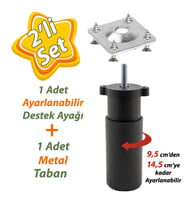 Destek Ayağı 9,5-14,5 cm Siyah ve Metal Düz Ayak Tabanı M8 Civatalı İnce Diş Mobilya Kanepe Baza Koltuk Seti
