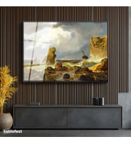 Siyah Renk Metal Çerçeveli Tamperli Cam Tablo C.D. Friedrich Batık Gemi Fırtınalı Deniz Kayalık Ressam Tablosu Dekoru