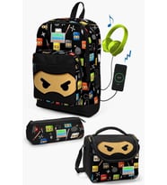 Coral High Kids Siyah Ninja Desenli USB'li 3’lü Okul Çanta Seti - Erkek Çocuk