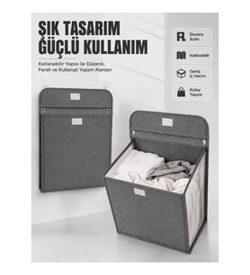Mey İthalat® Duvara Asılabilir Katlanabilir Kirli Çamaşır Sepeti Geniş Hacimli Düzenleyici