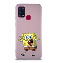 Samsung Galaxy M31 Soft Premier Kapak Sünger Bob Tasarımlı Silikon Kılıf - Pudra (Şeffaf)