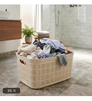 35 Lt Örgü Desenli Plastik Çamaşır Sepeti, Krem Rengi Temiz Çamaşır Selesi, Kulplu Büyük Boy Banyo ve Çamaşır Odası Düzenleyici Kirli ve Temiz Çamaşır Sepeti (krem)