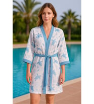 Baskılı Müslin Kimono Bornoz – Unisex  %100 Pamuk Yumuşacık 2 Katlı Doğal Kumaş (Mavi)