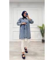 Taşlı tunik ceket kar yıkamalı mavi d2516