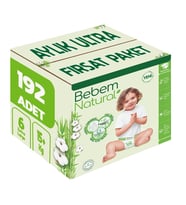 Bebem Bebek Bezi Natural 6 Beden 15+ KG Extra Large 192 Adet Aylık Ultra Fırsat Pk