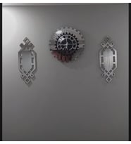 Eyka Store Gümüş Renk Plexiglass Ayna Piyano Model Duvar Saati, + Tablo 3 Parça Set