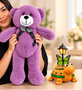 Kahve Kaplumbağa Masa Lambası ve Büyük Boy Mor Peluş Ayıcık – Sevgiliye Doğum Günü Yıl Dönümü Hediyesi