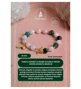 Fasetli Zümrüt & Pembe Kuvars & Firuze Gümüş Aparatlı Bileklik SK:040
