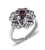 Safir Taşlı Gül Model Oksitli 925 Ayar Gümüş Telkari Kadın Yüzük 201025657