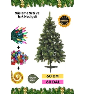 Premium Kutu Süsleme Seti Yılbaşı Çam Ağacı Renkli Işığı Yeni Yıl Süsleri Noel Paketi 60 Cm 60 Dal