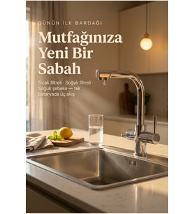 Likuan Akıllı 3 Yollu Tri-Flow Mutfak Bataryası Sıcak/Soğuk Filtreli + Şebeke LED Renk Göstergeli L-Tipi Krom