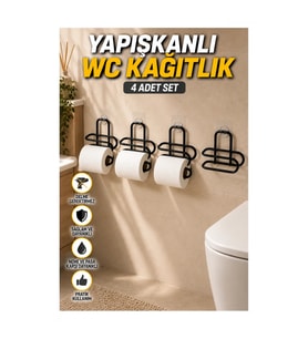 4’lü Siyah Metal Yapışkanlı Tuvalet Kağıdı Tutucu Seti
