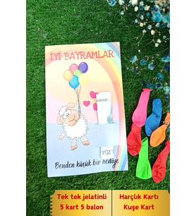 5 Adet Bayram Hediyesi - Uçan Kuzucuk Harçlık Kartı & Renkli Balonlu 