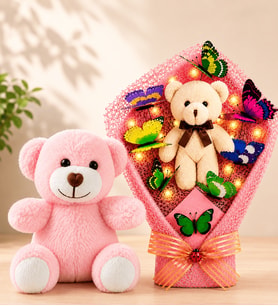 LED Işıklı Peluş Ayıcık Buketi ve Pembe Peluş Ayıcık Sevgiliye Arkadaşa Anneye Kadına Hediye