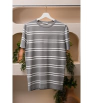 San&Fa Bisiklet Yaka Çizgili Rayon Kumaş Slimfit T-shirt (Gri)