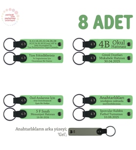 Sınıf Öğrencilerinden Öğretmene Anlamlı Hediye, 8'li Set, İsim Yazılabilir Anahtarlık, F Yeşil & Gri (Fıstık Yeşili)