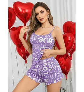 Mulvxbrf Brf02 Kadın Mor Love Yazı Desenli Şortlu Pijama Takımı Rahat Şık 2 Li Set (Mulvix)