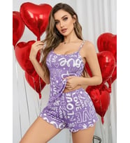 Mulvxbrf Brf02 Kadın Mor Love Yazı Desenli Şortlu Pijama Takımı Rahat Şık 2 Li Set (Mulvix)