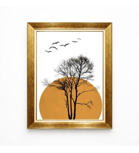 Tablore Minimalist Bohem Ağaç Ve Güneş Gold Çerçeveli Tablo Modern Salon