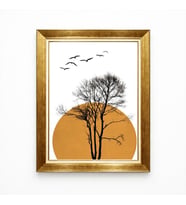 Tablore Minimalist Bohem Ağaç Ve Güneş Gold Çerçeveli Tablo Modern Salon