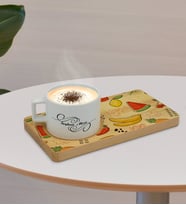 BK Gift Kişiye Özel Meyveler Tasarımlı Doğal Ahşap Tabaklı Seramik Fincan Sunum Seti  Model 2