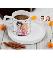 BK Gift Kişiye Özel Sunum Tabaklı Sevgililer Karikatürlü Kahve Fincanı-5, Sevgiliye Hediye, Aileye Hediye