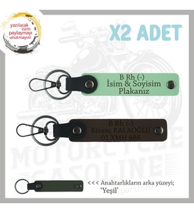 Modifiye Motorcuya Özel, İsim Plaka ve B Rh (-) Kan Grubu Yazılı x2 Anahtarlık, Yeşil-K Kahve-Ysl (Çok Renkli)