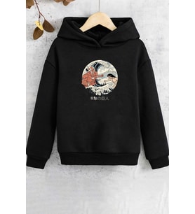 Çocuk Kanagawa Oki Nami Ura Baskılı Sweatshirt (Siyah)