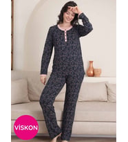 Kadın Lacivert Çiçek Desen Bisiklet Yaka 3 Düğmeli Likralı Viskon Mevsimlik Uzun Kol Pijama Takımı
