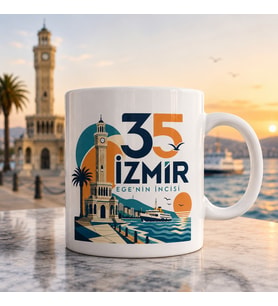 İzmir Temalı Hediyelik Kupa Bardak - 35 Plaka Ege'nin İncisi Modern Vektörel Baskılı Özel Tasarım Kupa